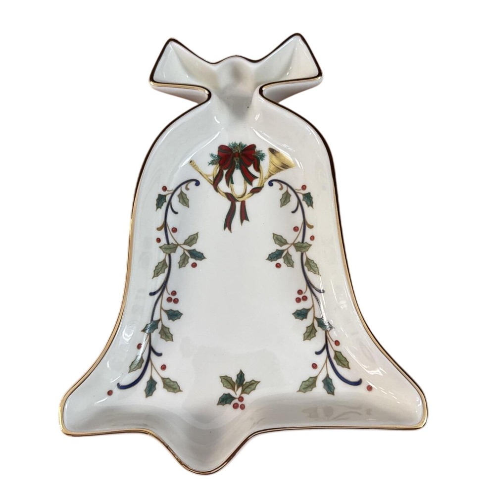 Mikasa Holiday Elegance FK001 Fine China Bell Dish Gold Trim Holly Berry Bow